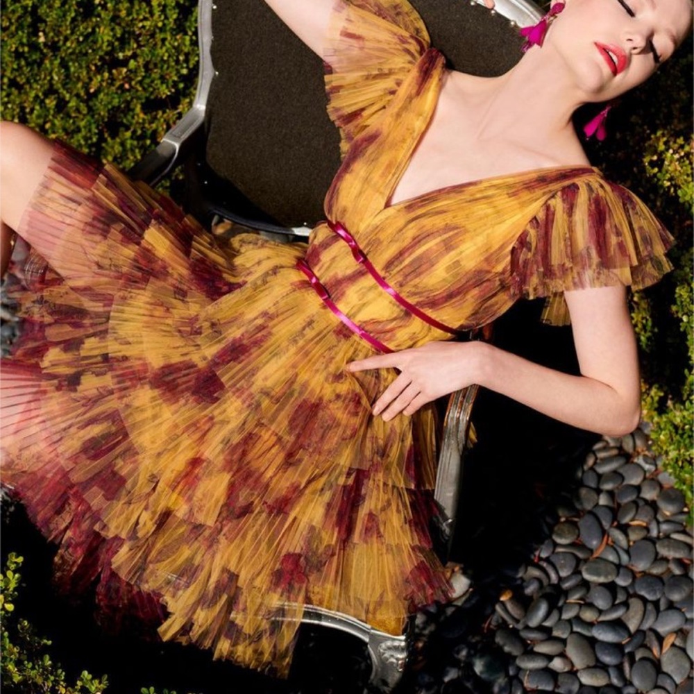 MARCHESA NOTTE Floral Flutter Sleeve Pleated dress